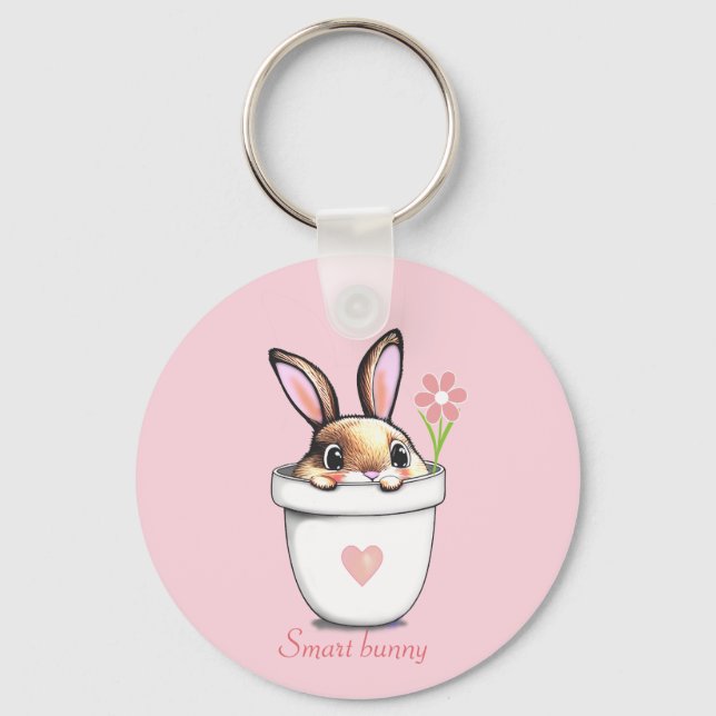 Porte-clés Lapin intelligent avec Fleur et Coeur sur Rose cla (Recto)