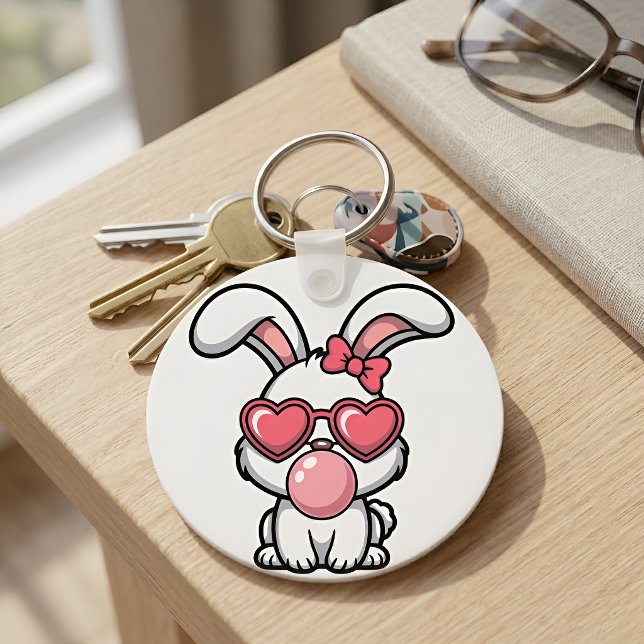 Porte-clés Lapin Kawaii Enjoué avec Bulle de Bubble Gum (Créateur téléchargé)