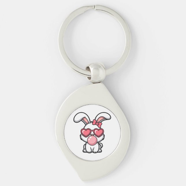 Porte-clés Lapin Kawaii Enjoué avec Bulle de Bubble Gum (Devant)