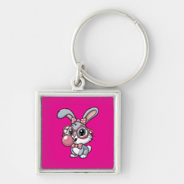 Porte-clés Lapin mignon avec des lunettes soufflant du chewin (Devant)