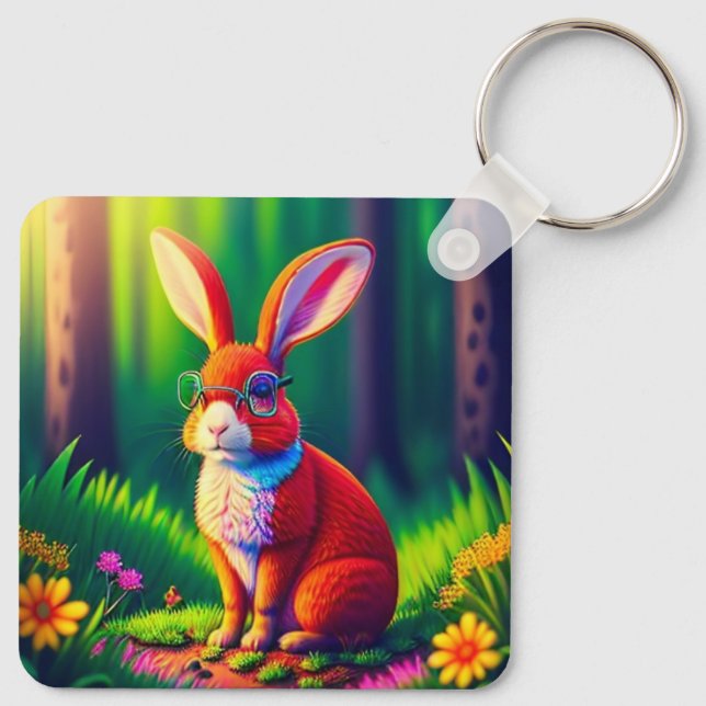 Porte-clés Lapin rouge assis sur l'herbe (Dos)