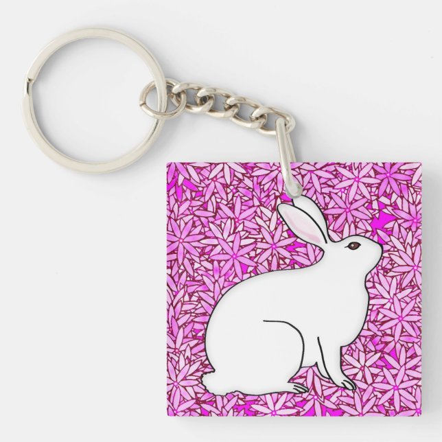 Porte-clés Lapin sur un lit de fleurs de printemps (Devant)
