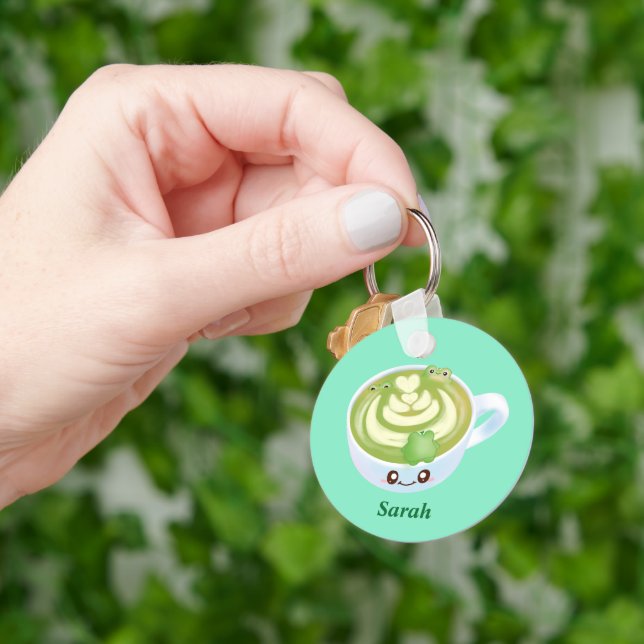 Porte-clés Latte De Thé Vert Matcha Chaud Avec Cute Frogs (main)