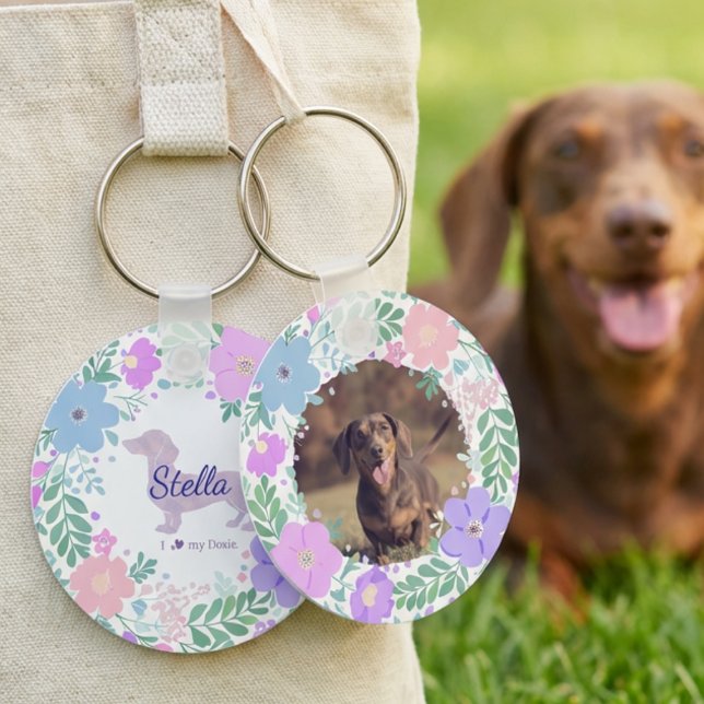 Porte-clés Lavender Dachshund Custom Photo & Name - Floral  (Créateur téléchargé)