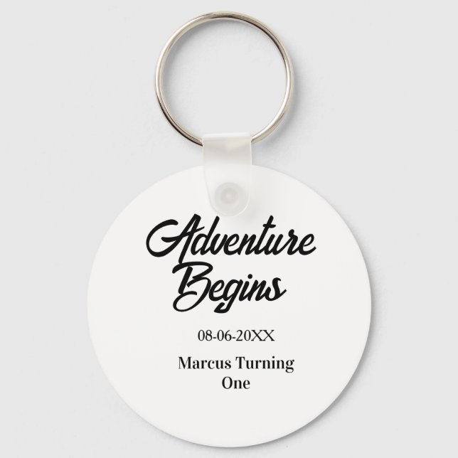 Porte-clés L'aventure commence nom date anniversaire 1ère sim (Recto)