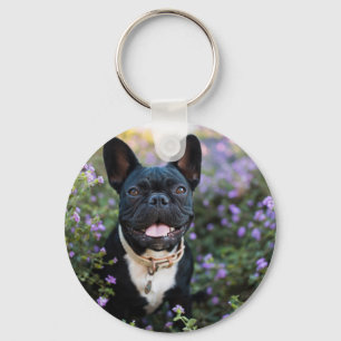 Porte-clés Le Bulldog français en fleurs