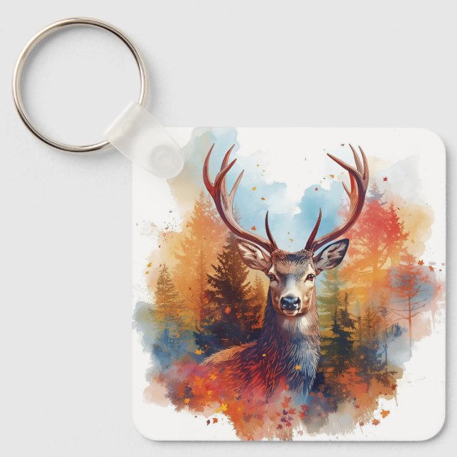 Porte-clés Le cerf dans une forêt d'automne (Recto)