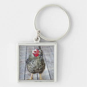 Porte-clés Le poulet sur la plate-forme en bois, argentent