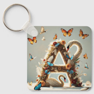 Porte-clés Lettre A de design floral élégant avec cygne