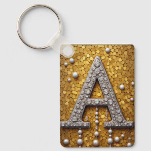 Porte-clés Lettre A incrustée de bijoux sur fond de mosaïque
