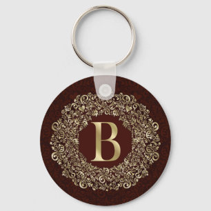 Porte-clés Lettre élégante B or et rouge Damas Monogramme