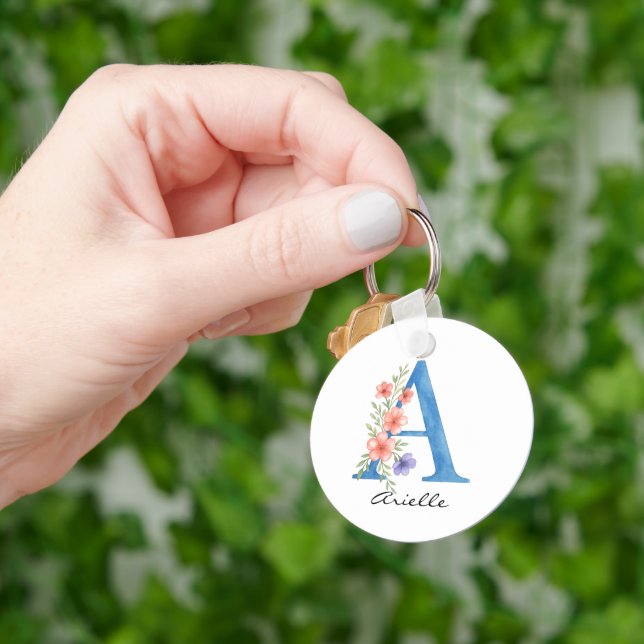Porte-clés LETTRE Florale Aquarelle personnalisée Un monogram (main)