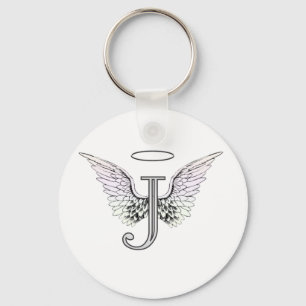 Porte-clés Lettre J Monogramme initial avec ailes angéliques 