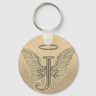 Porte-clés Lettre J Monogramme initial avec ailes angéliques 