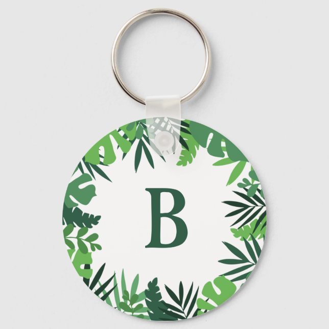 Porte-clés Lettre monogramme vert fleuri tropical palmier feu (Recto)