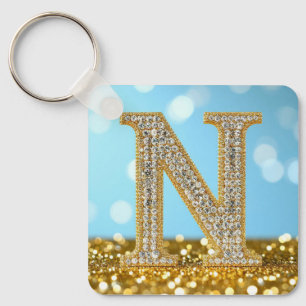 Porte-clés Lettre N de luxe en diamant sur fond de paillettes