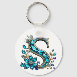 Porte-clés Lettre S et couronne en cristal de turquoise