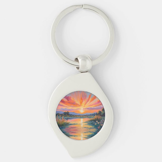Porte-clés Lever de soleil à l'aquarelle de l'étang (Devant)
