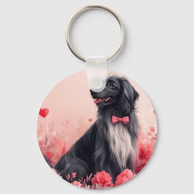 Porte-clés Lévrier Afghan avec des Roses - Saint-Valentin  (Recto)