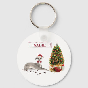 Porte-clés Lévrier Italien Drôle de Noël Chien avec Arbre
