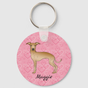 Porte-clés Lévrier Italien Fauve Chien Mignon Sur Cœurs Roses