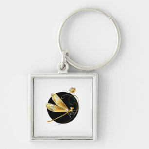 Porte-clés libellule d'or en cercle noir