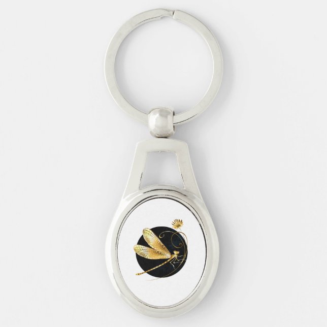 Porte-clés libellule d'or en cercle noir (Devant)