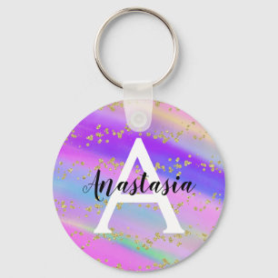 Porte-clés Licorne arc-en-ciel coloré Paillettes Or Monogramm