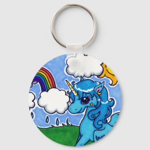 Porte-clés Licorne bleue volante avec l'arc-en-ciel