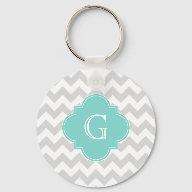 Porte-clés Light Gray White Chevron Aqua Quatrefoil monogram (Recto)
