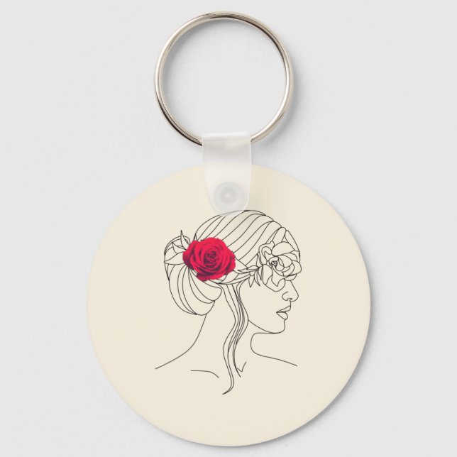 Porte-clés Ligne continue femme avec Rose rouge sur les cheve (Recto)