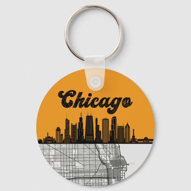 Porte-clés Ligne Skyline Ville De Chicago Illinois Avec Carte (Recto)