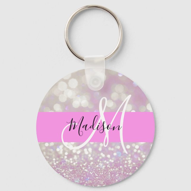 Porte-clés Lilac Girly Pailleté Monogramme Nom (Recto)