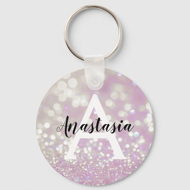 Porte-clés Lilac scintillant pailleté Monogramme Nom (Recto)