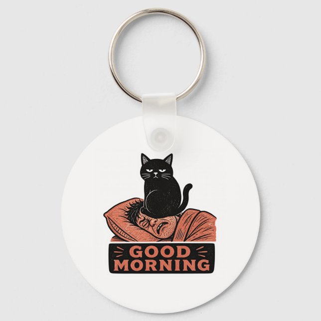 Porte-clés Linogravure Chat Noir Sarcasique Mème Bonjour (Recto)