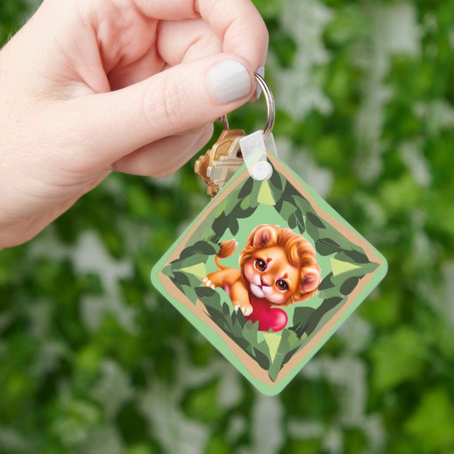 Porte-clés Lion bébé de la jungle au coeur rouge (main)