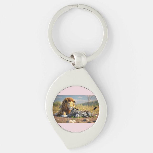 Porte-clés Lion de dessin animé 3D mangeant un zèbre – Scène  (Devant)