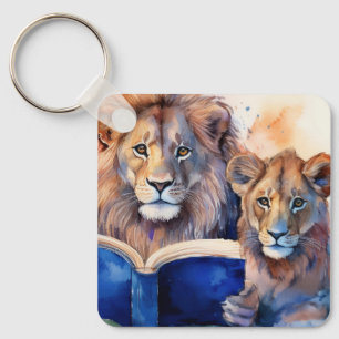 Porte-clés Lion et lionceau sobres avec prière personnalisée
