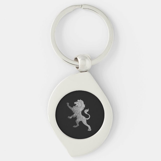 Porte-clés Lion Royal Argent sur Noir  (Devant)