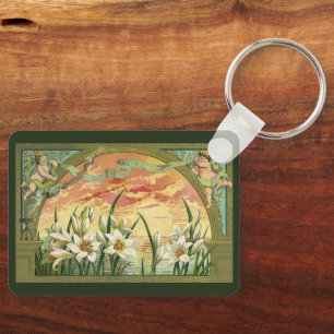 Porte-clés Lis de Pâques vintage au lever du soleil et anges