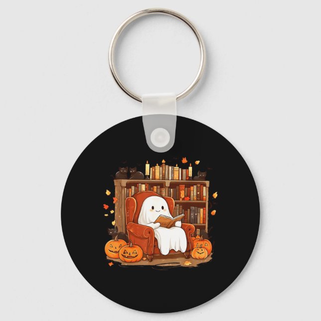 Porte-clés Livre de lecture fantôme avec chat noir Halloween  (Recto)