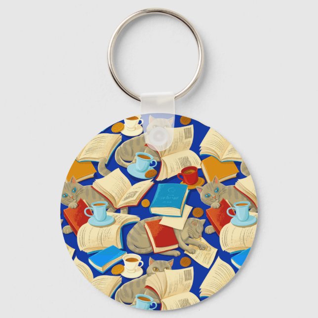 Porte-clés Livres et chats en bleu (Recto)