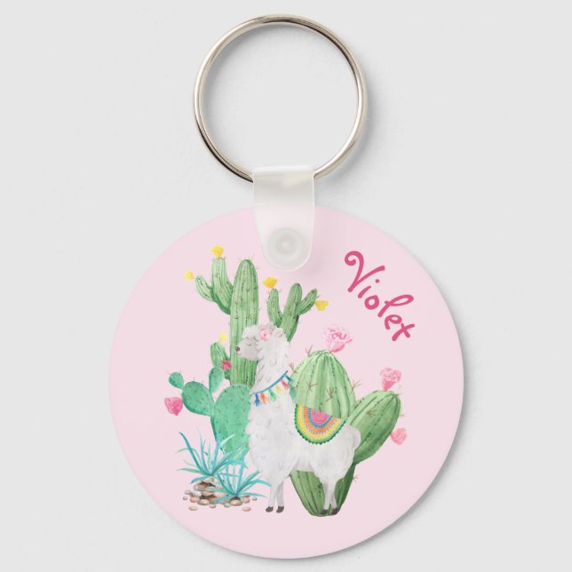 Porte-clés Llama blanche & Cactus avec Fleurs - Rose pastel (Recto)
