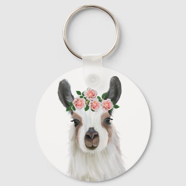 Porte-clés Llama Fluffée Cute Avec Couronne Fleur Rose Blanc (Verso)