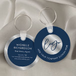 Porte-clés Logo d'entreprise notaire de l'agent de propriété<br><div class="desc">Faites la promotion de votre entreprise avec ce design porte - clé personnalisé en bleu marine et argent. Avec espace pour votre logo et slogan d'entreprise sur le devant avec votre nom, titre de poste, coordonnées et site web sur le dos. L'arrière - plan bleu foncé jumelé aux faux détails...</div>