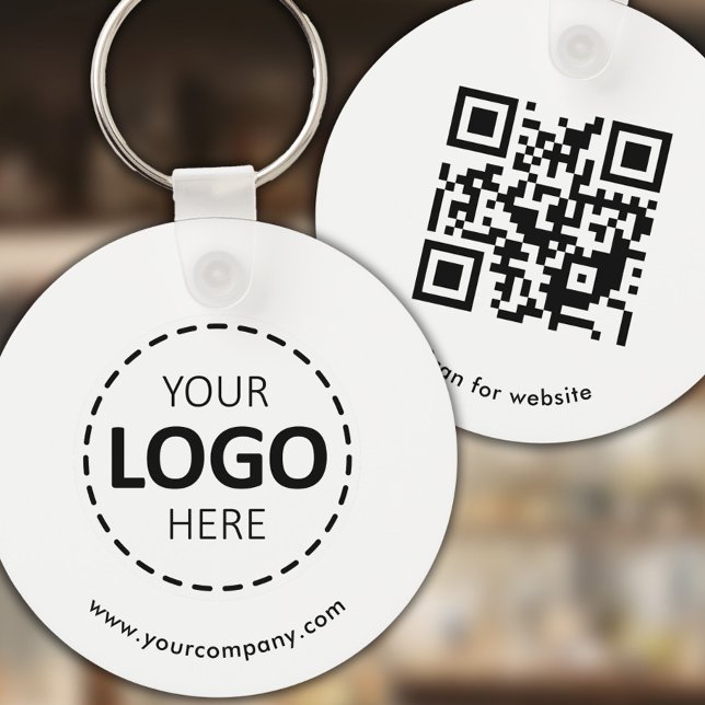 Porte-clés Logo personnalisé, code QR et texte, blanc (Créateur téléchargé)