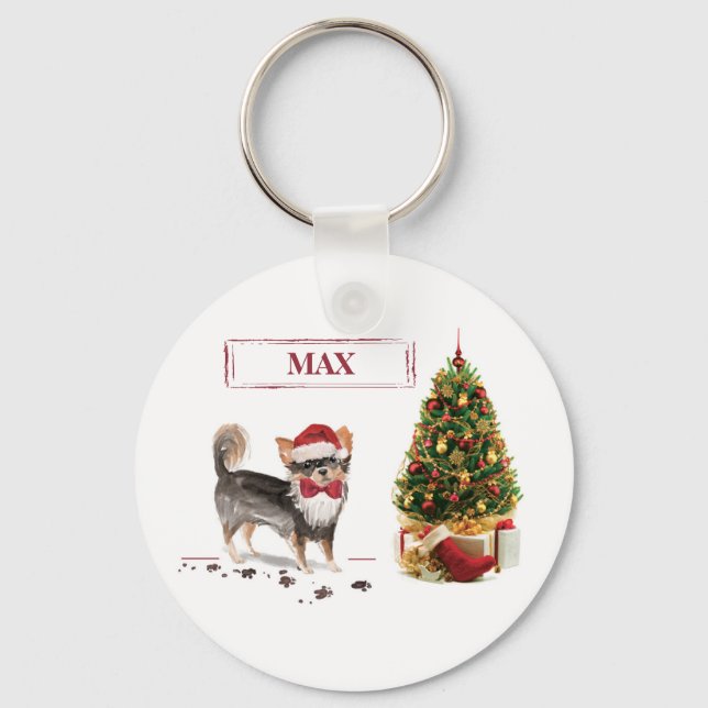 Porte-clés Long Haired Chihuahua Funny Christmas Dog Tree (Recto)