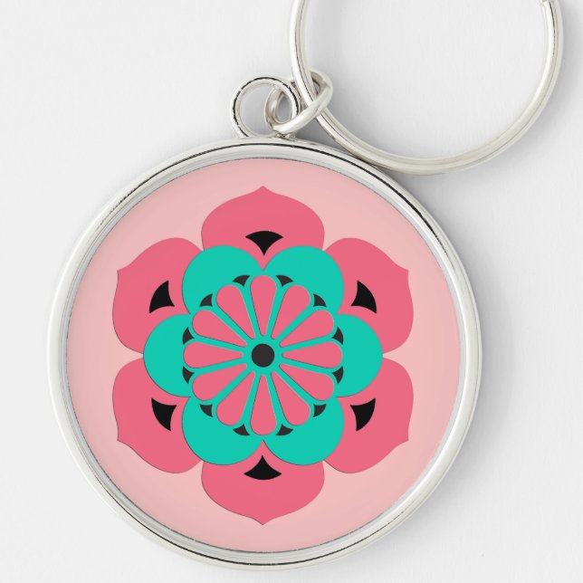 Porte-clés Lotus Flower Mandala, Coral rose et Turquoise (Devant)