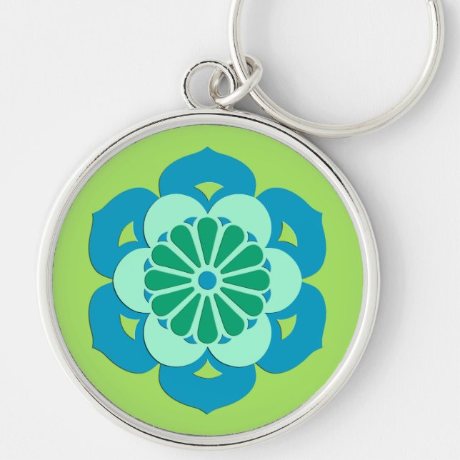 Porte-clés Lotus Flower Mandala, Lime Green et Bleu clair (Devant)