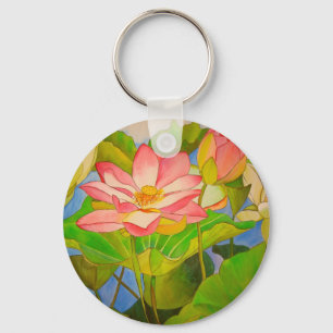 Porte-clés Lotus rose nénuphar aquarelle peinture